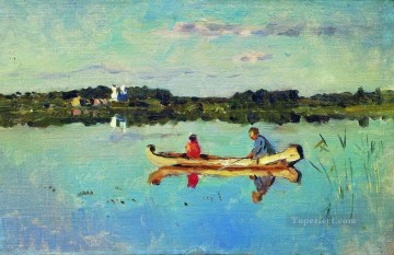 Isaac Ilyich Levitan Painting - at the lake fishermen Isaac Levitan